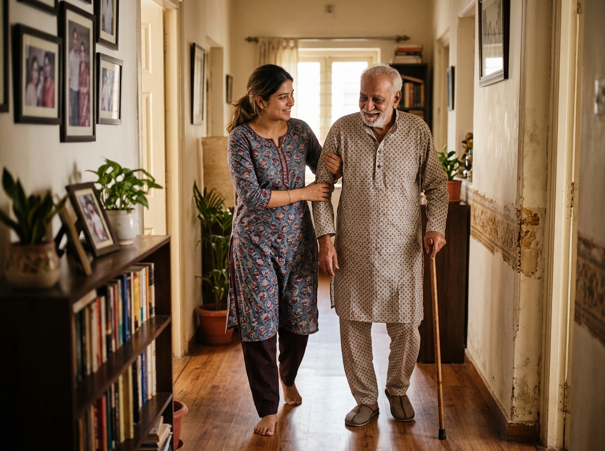 Arovia caregiver helping an older adult walk comfortably at home with everyday personal assistance