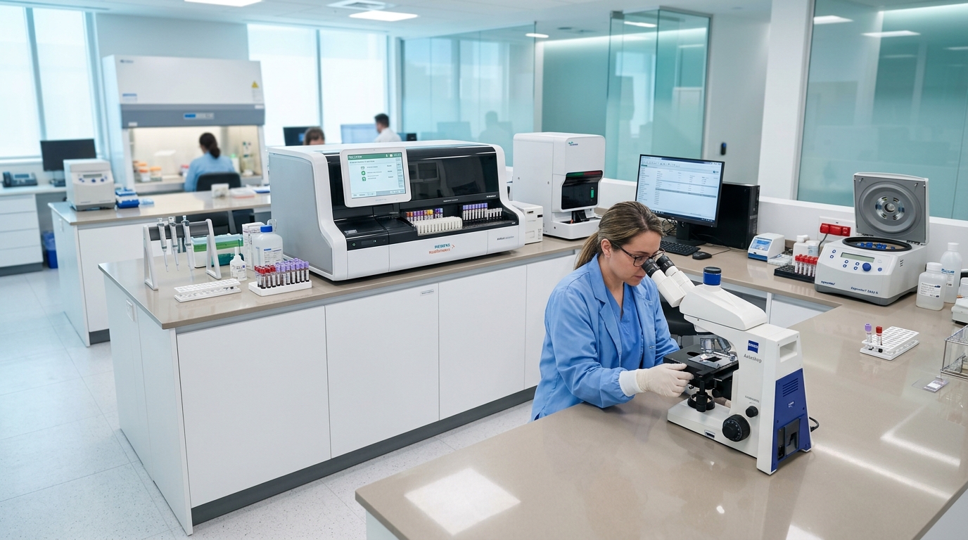 Arovia medical laboratory testing facility with automated analyzer and clinical pathologist