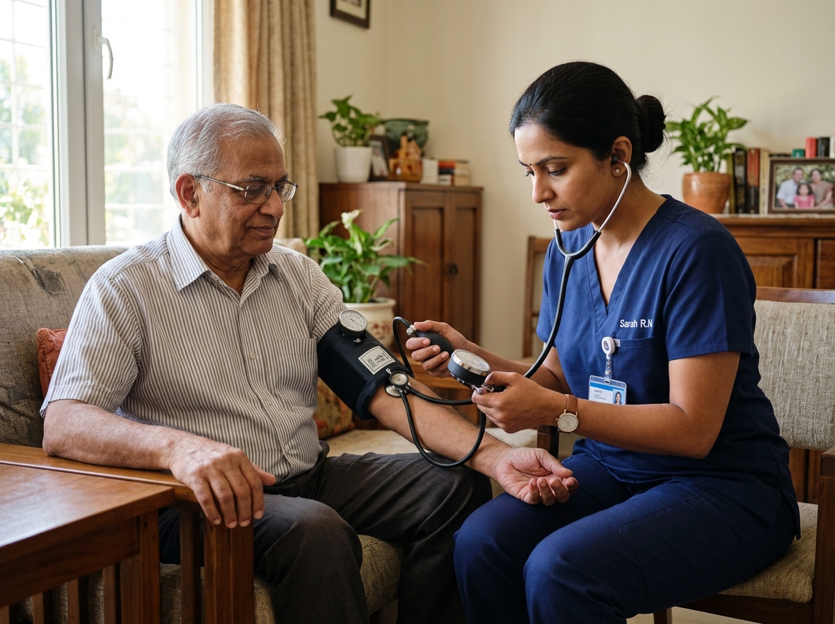 Arovia registered nurse checking vital signs with blood pressure monitor and stethoscope for patient at home