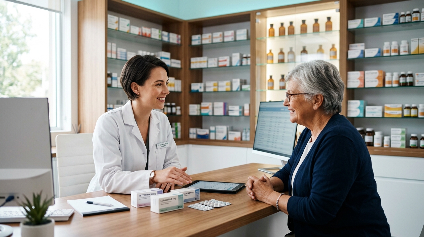 Arovia pharmacist providing professional consultation on verified prescription medications to patient